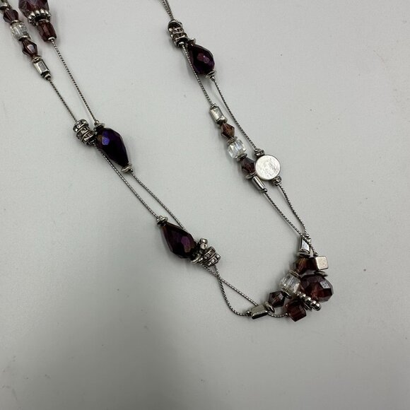 Long Necklace Purple Beads Glass Mother of Pearl Silver Tone Chain Layered - Picture 8 of 15